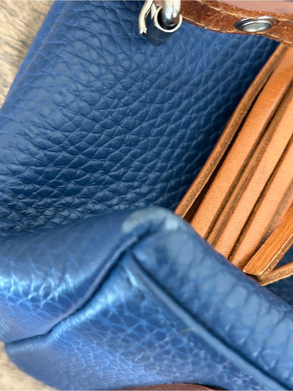 Dooney & Bourke Blue Pebble Leather Crossbody with Tan Trim and Tassel Pockets - Picture 12 of 14